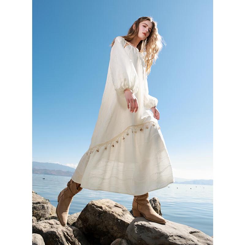 

Sancai 2025 Spring Boho Shell-Embroidered Cutout Maxi Dress M (160/84A)