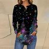 Women's Fashionable Loose-Fit Button-Down Collar Christmas Print Long-Sleeved Top