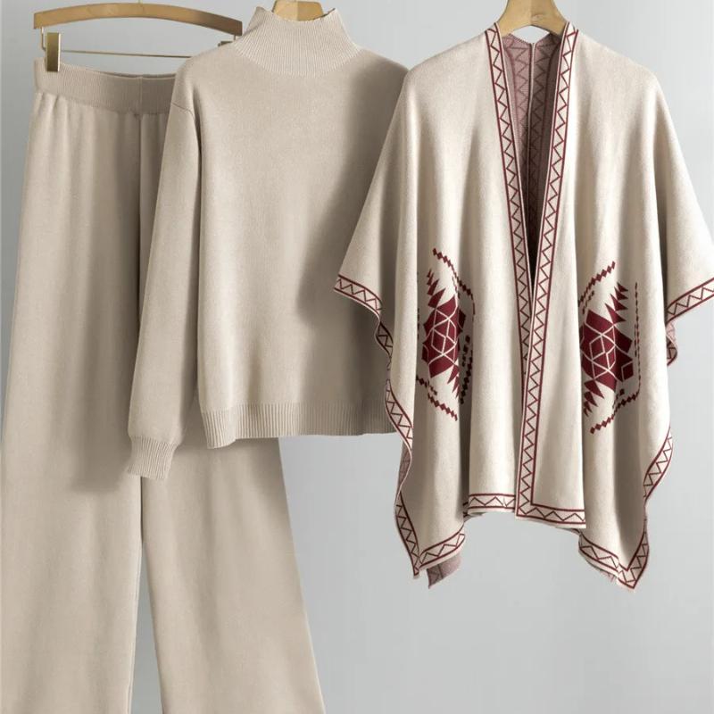

Korean Design Knitted 3 Piece Sets Women Knitwears Chic Shawl Sweater Pullover Tops Conjuntos High Waist Wide Leg Pants Outfit One size бежевий