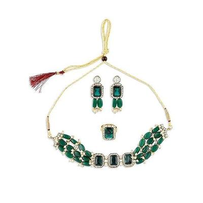 Green Beads Ethnic Choker Necklace Earring & Ring Set For Women