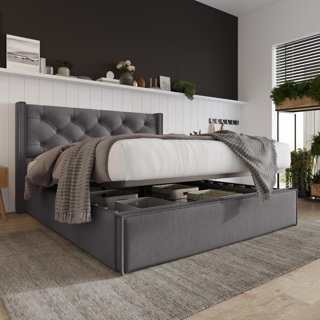 Hydraulic Double Bed, Upholstered, 140x200cm, Metal Slatted Frame, Modern, Storage Space, Cotton, Grey (With Mattress)