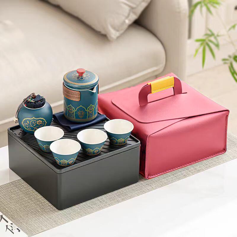 

Chinese Style Ceramic Tea Set with Red Leather Gift Bag