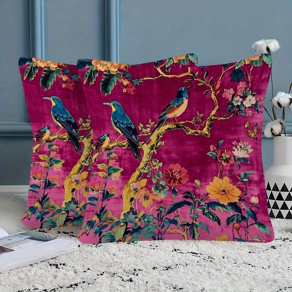 Pink Floral Bird Pillow Cover Double Sided 2Dprint Soft Polyester Cushion Case Living Room Bedroom Sofa Couch Boho Decor Vibrant