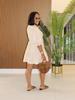 TW748 Casual V-neck Loose Waist Pleated Dress with Three-quarter Sleeves and Wide Hem for Women