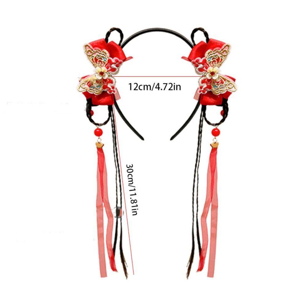 Flower Children Wig Headband Red Tassel New Year Hair Accessories Girl Ancient Style Bow Princess Hairband Year of the Horse