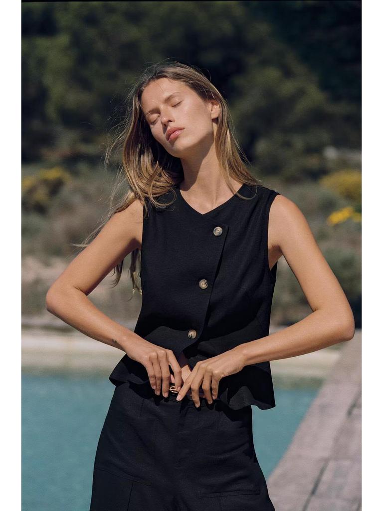 2025 Women's Summer Linen Blend Double-Breasted Vest & Wide-Leg Pants Fashion Set