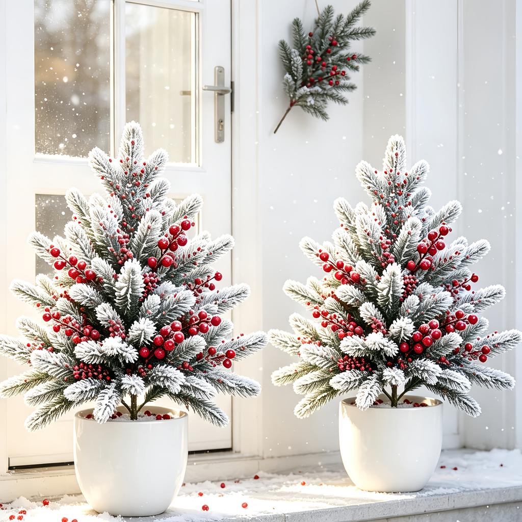 2pcs Artificial Cedar Christmas Trees with Poinsettia Berries,Suitable for Gardens, Courtyards, Doorways, Contemporary Plastic Evergreen Shrubs