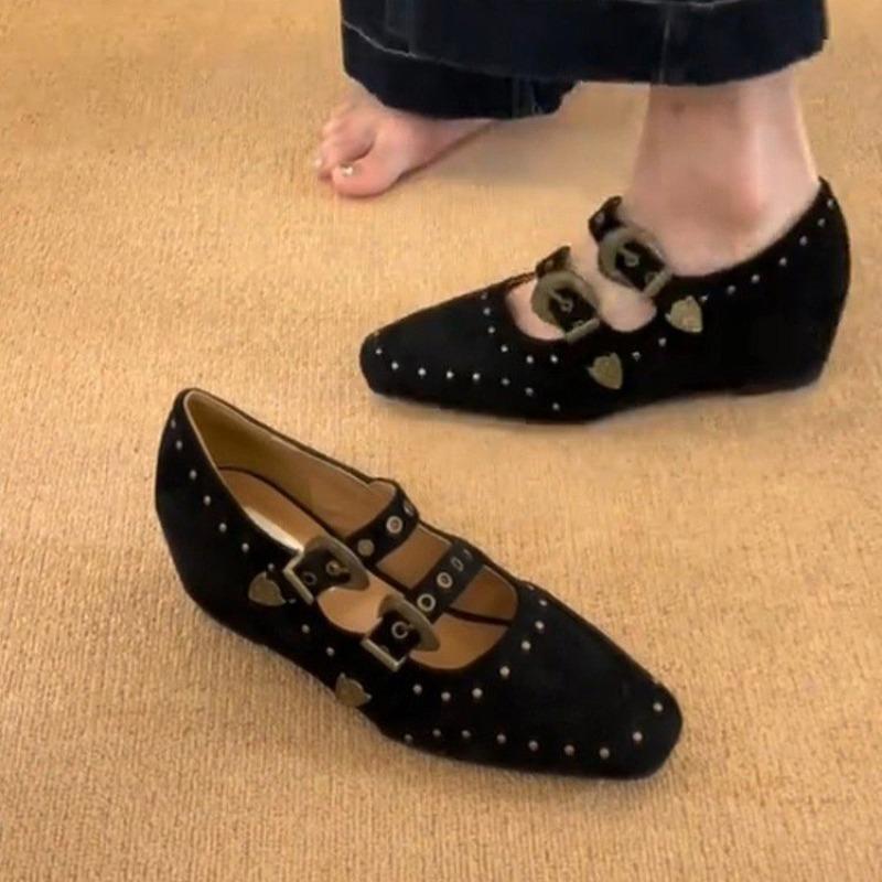 Fashion Niche Inside Heightened Square Toe Suede Mary Jane Shoes Women's Studded Shoes