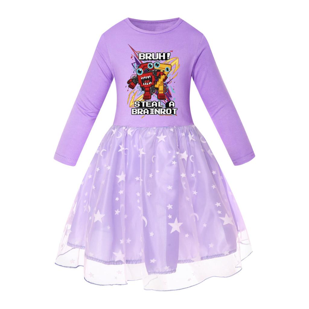 5227 Kids Girls Steal a Brainrot 67 Six Seven Print Mesh Rainbow Round Neck Casual Casual Cotton Dress