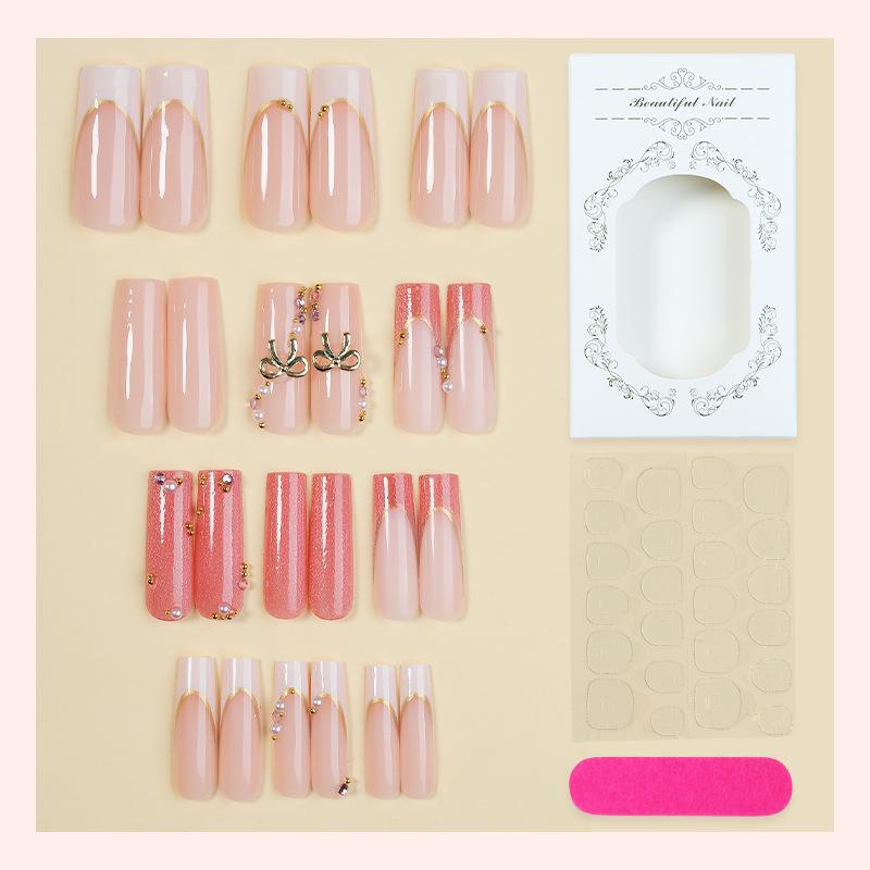 24pcs Cat Eye French Style Super Long Rhinestone-Inlaid Wearable Nail Tips with Bow Design