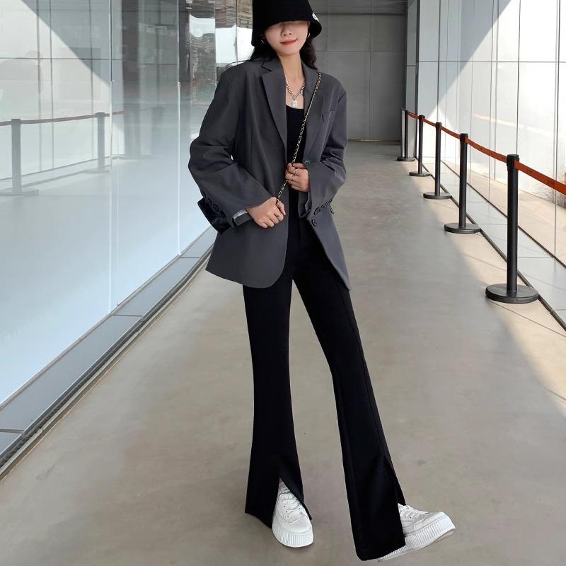 Split-ended Flared Pants Women's Autumn Wear New High-waisted Slim-fitting and Thin Small Black Drape Trousers