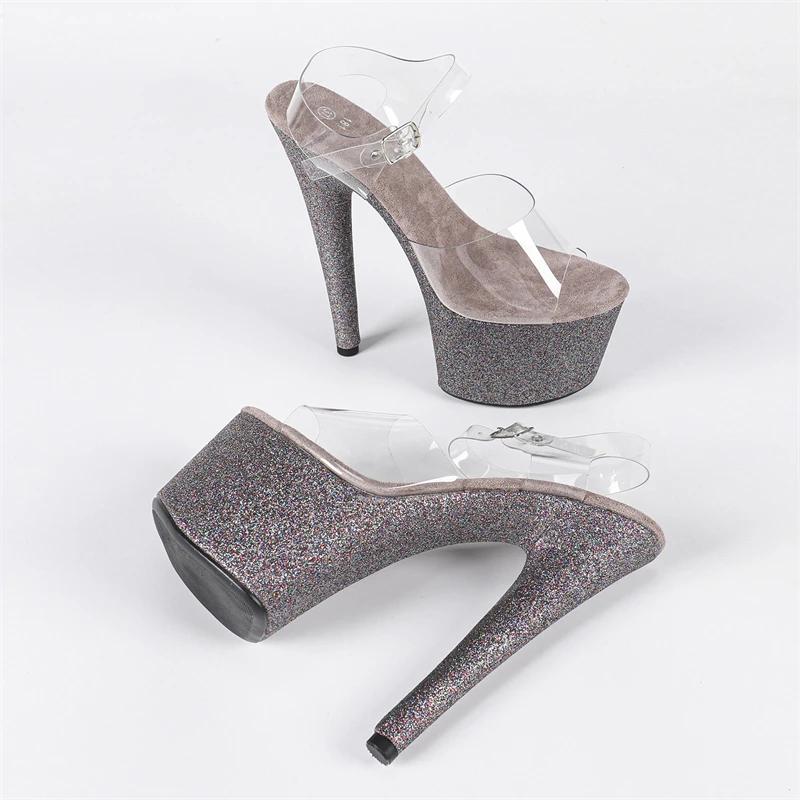 Eilyken Street Style Sequin Cloth PVC Transparent Buckle Strap Women Sandals Sexy Stiletto High Heels Stripper Prom Shoes