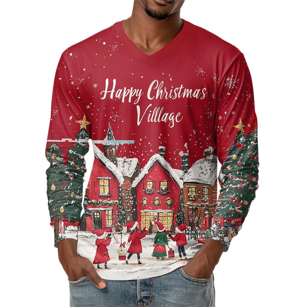 Men's Fashion Printed V-Neck Casual Long-Sleeved T-Shirt Bottoming Shirt Top