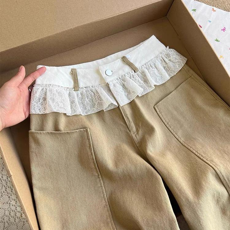 Women s Autumn Chic Khaki Denim Lace-Trim High-Waisted Wide-Leg Pants Extra Large