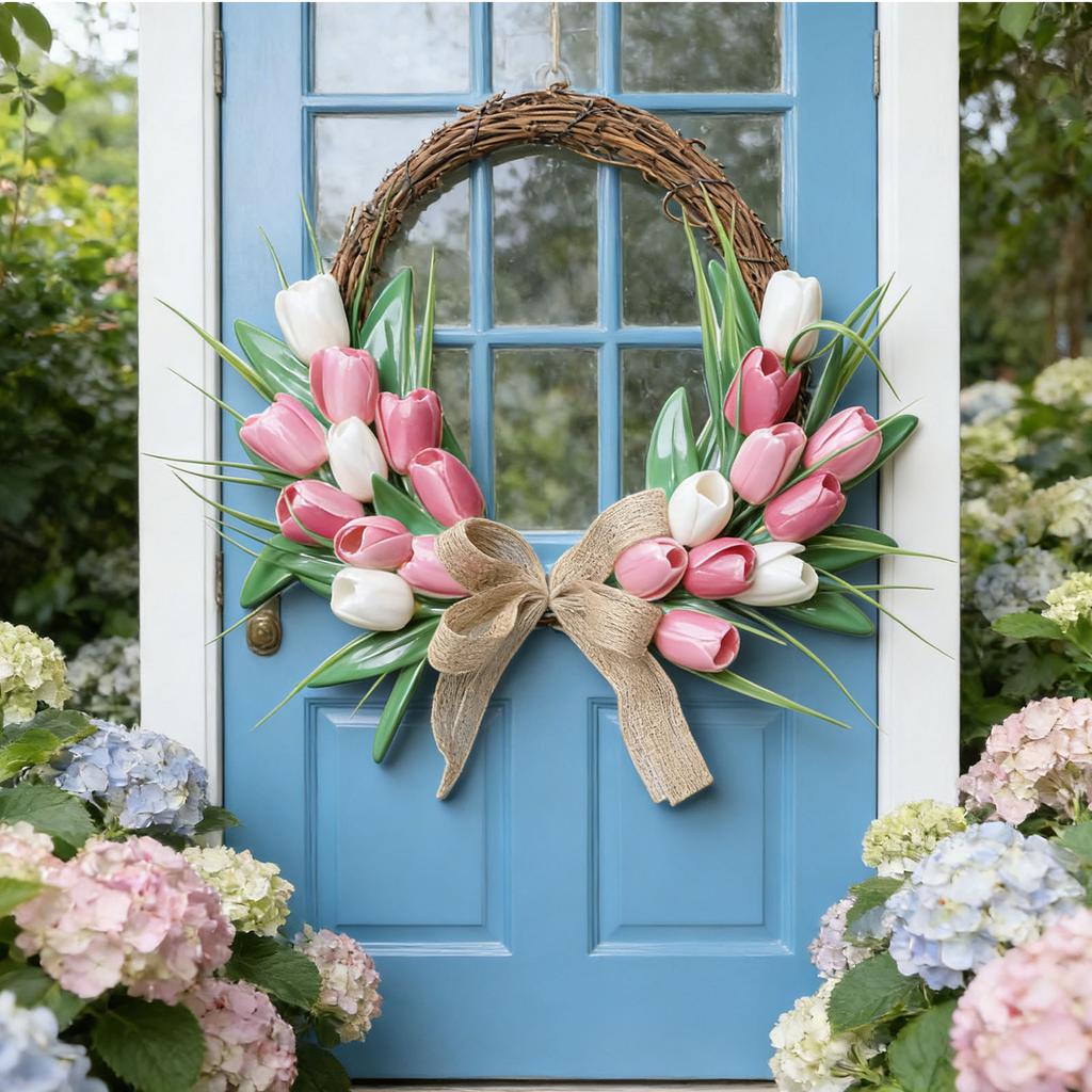 Flower Wreath Front Door Easter Wreath Fadeproof Artificial Spring Wreath for Indoor Outdoor Home Decor Red Pink White