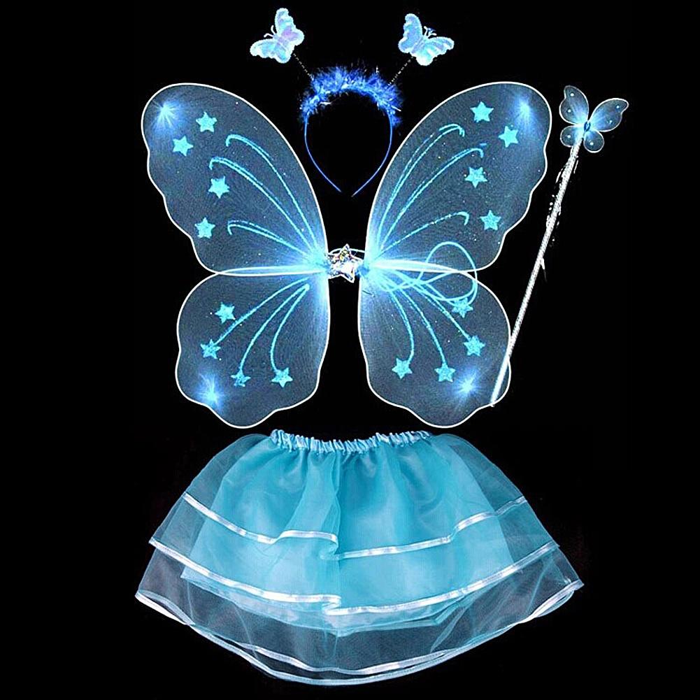 4Pcs Fairy Princess Children Costume Sets Butterfly Wings Wand Headband Tutu Skirt