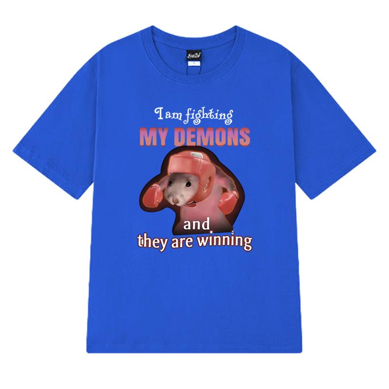 2025 Funny I Am Fighting My Demons and The Are Winning Rat Meme T shirt Unisex Casual short sleeve T-shirts Men Women Cotton Top