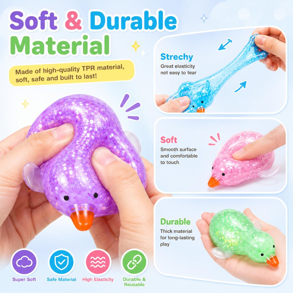Duck Squeeze Toy Simulation Bao Stress Relief Fidget Toy with Beads Sparkles Soft Squishy Sensory Decompression Accessory