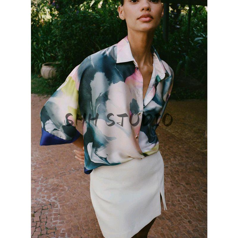 Spring and Summer New Women clothes Western Style Lapel Print Silk Satin Texture Fashion Long sleeve Shirts 2836247