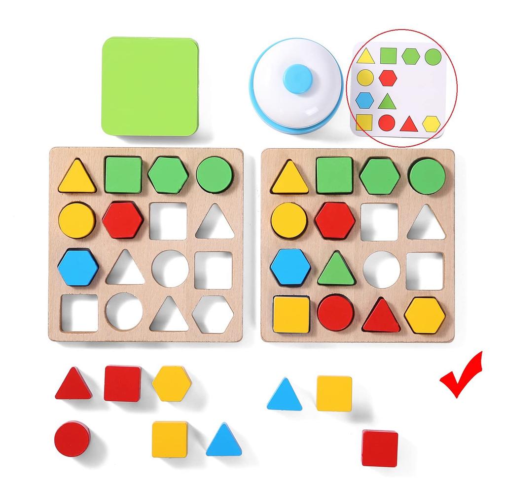 Match Shapes and Colors Board Wooden Montessori Educational Tabletop Building Boys and Christmas Brain Card Educational Party Ages 6 and Up Game,