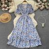 Abito casual da donna con stampa floreale, scollo a V, manica corta, vita alta, linea ad A, lunghezza alla caviglia, abito primaverile estivo