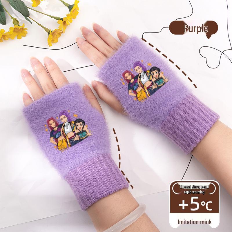 Kpop Women's Fingerless Knitted Gloves - Versatile Warm Plush Autumn/Winter Half-Finger Hand Socks, Solid Color for Students.