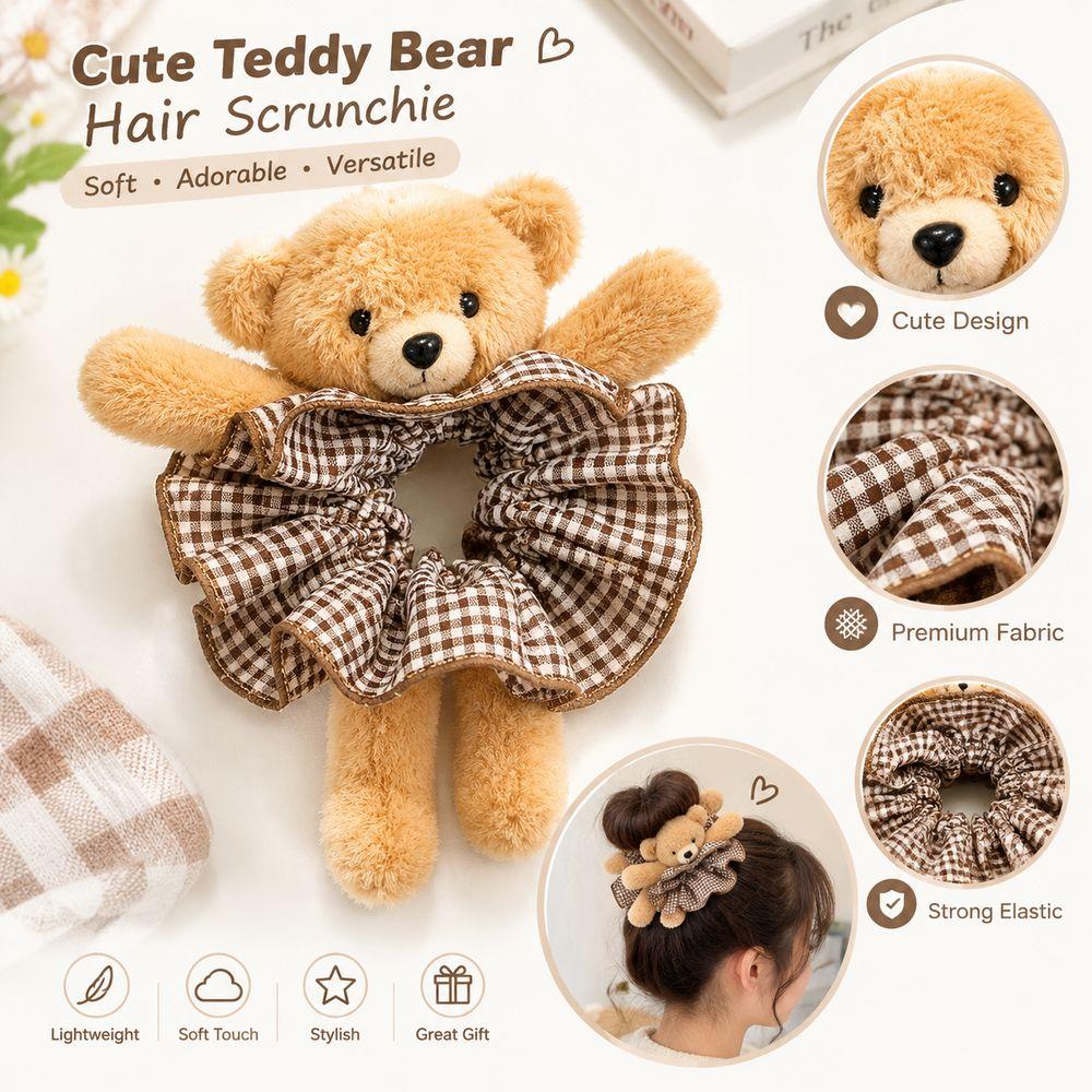 Gingham Plush Bear Scrunchie Scrunchie Hair Accessory Plush Hair Band Ear Fluffy Ponytail Holder