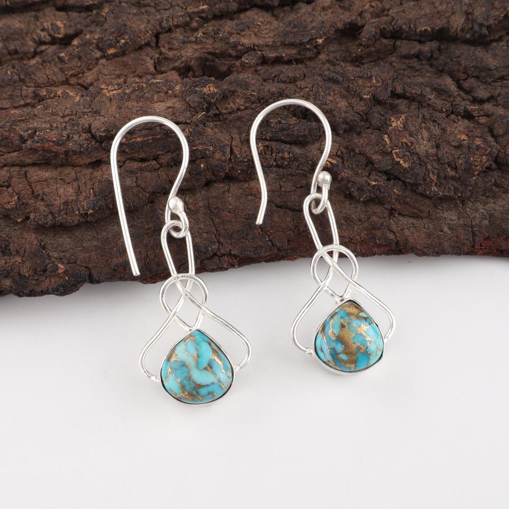 Blue Copper Turquoise Handmade Gemstone Earrings, 925 Sterling Silver Earrings Dainty Silver Jewelry, For Engagement Gift