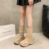 Chunky Platform Thick Sole Woman Mordern Boots Design Round Toe Slip On Shoes Autumn Winter Stretch Slim Short Botas Para Mujer
