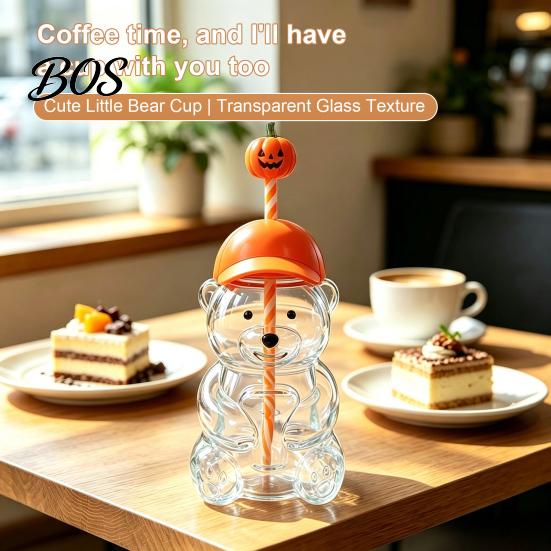 Heat Resistant Borosilicate Glass 600ML Bear Tumbler with Lid & Straw, 20oz Drinking Durable Container Cup for Iced Coffee, Boba Tea, Milk, Gift Women