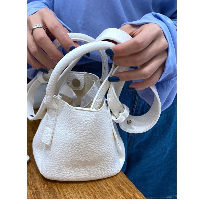 2 New Macaron Lychee Pattern Soft Leather Bucket Bag Casual Versatile Hand Carry Vegetable Basket One Shoulder Messenger Bag Mini