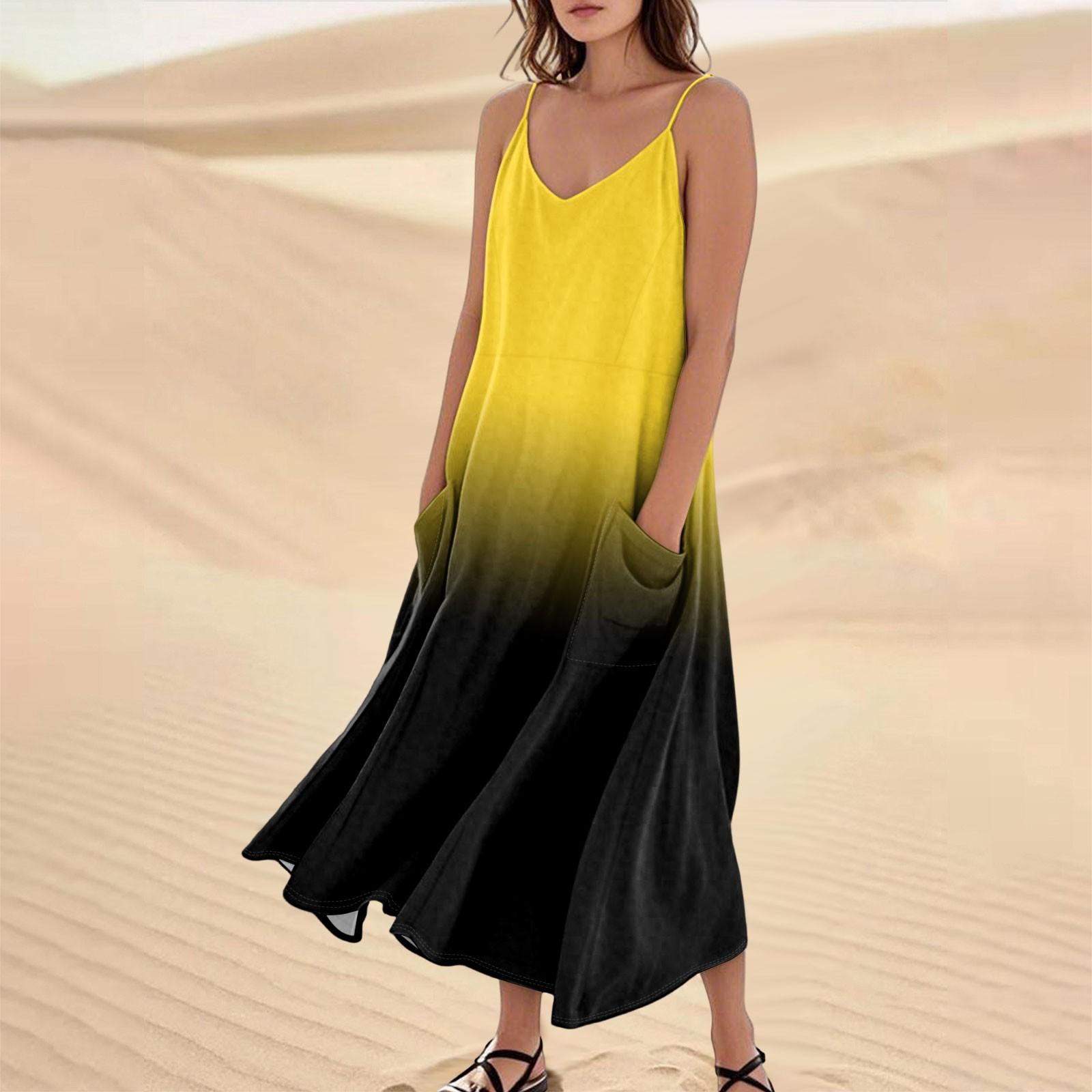 

Женское повседневное платье на бретелях с V-образным вырезом, градиентным принтом, без рукавов и с карманом XL жёлтый