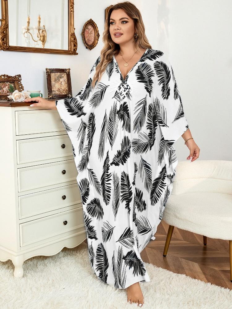 EDOLYNSA Black Printed Kaftan Women's Long Dress Kaftan Oversized Bohemian V-neck Chinese Knot Robe Swimsuit Cover-up Outfit Q1297