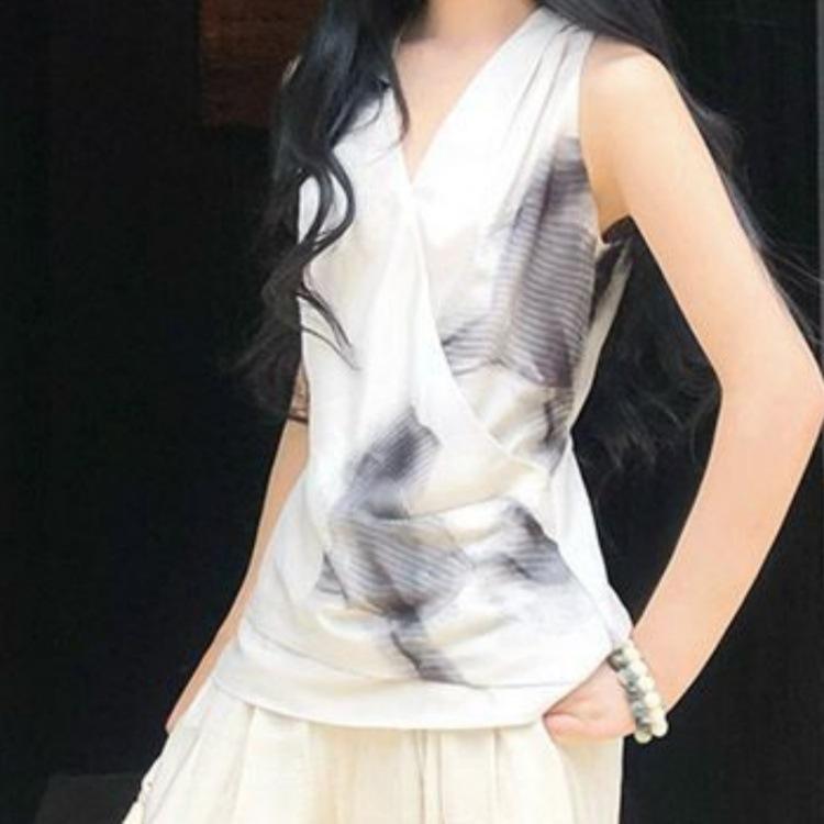 New Chinese vest women s summer thin new thin V-neck vest top casual high waist wide leg pants two-piece set S