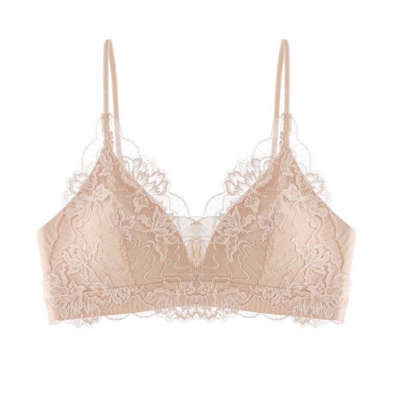 

French lace triangle cup underwear women s small breasts pull together seamless beauty back cover no steel ring fixed cup thin bra S