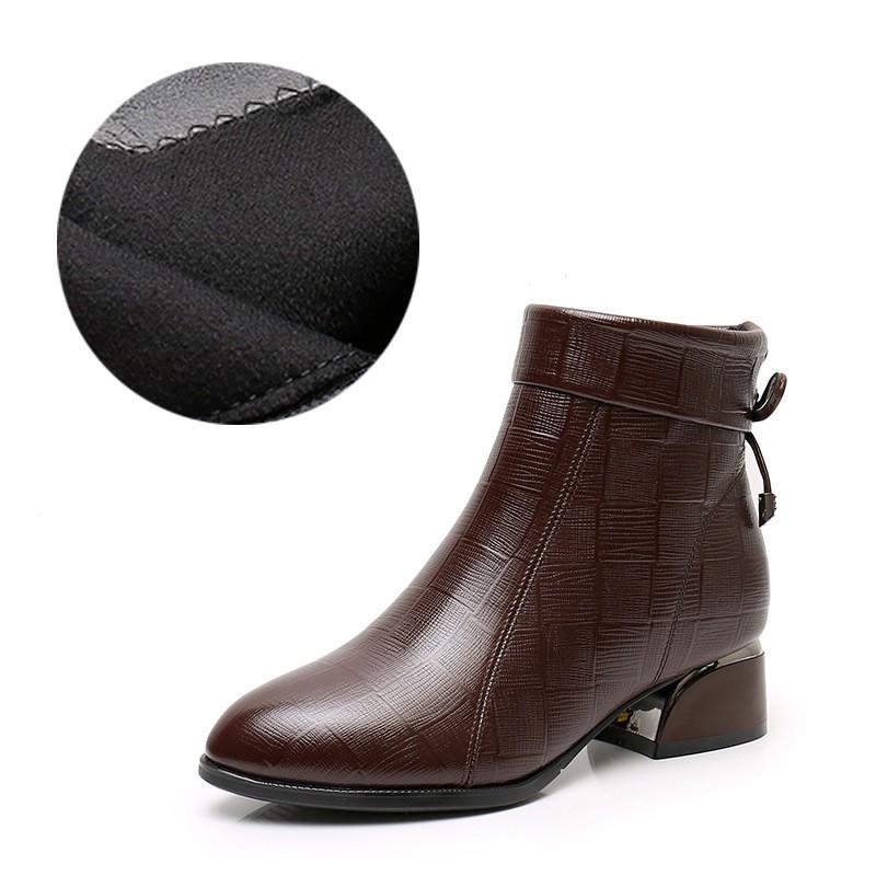Women's Autumn PU Leather Thick Heeled Short Boots with Pointed Embossing Elegant Mid Size Matching Boots