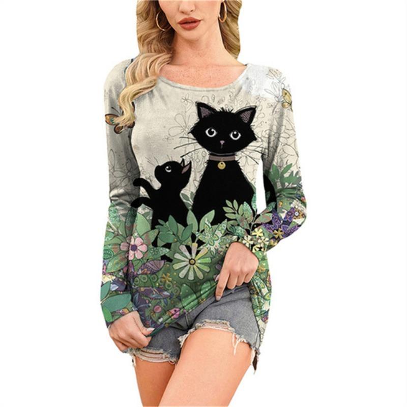 Модная удобная универсальная женская футболка с принтом мультяшного кота с круглым вырезом — фото 14