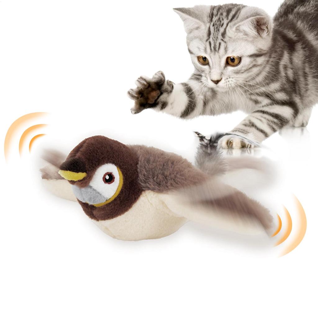 Flapping Wings Sparrow Cat Toys Chirping Bird Interactive Catnip Toy for Kitten Dogs Touch Activated Rechargeable Teaser Toy