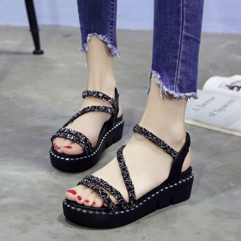 

Fashion Women s Sandals Rhinestones Black Platform Ladies Shoes Asian Size Daily High Quality Summer 2025 Offers Comfort Original Luxury 39