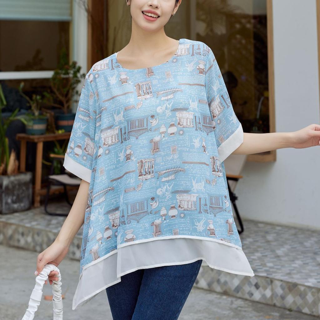 DIMANAF 2024 Sommer Übergröße Damen Vinatge Design Blumendruck Elegante Oberteile Lockere Hosen Weiblich Sommer Gelb