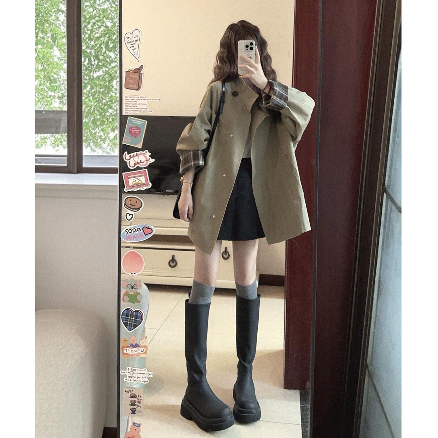 

Женский демисезонный тренч миди в корейском стиле для миниатюрных - Модный и стройнящий S up to 105 jin хаки