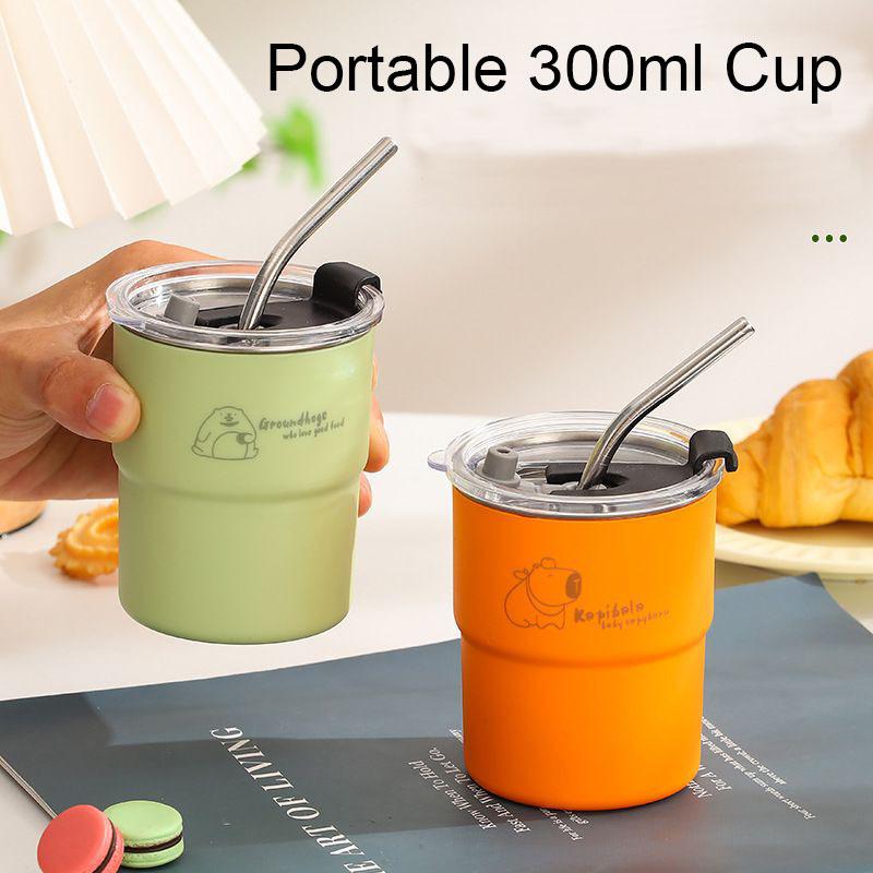 300ml Drinking Cup With Straw Portable Stainless Steel Coffee Cups Mug With Lid Heat Resistant Tea Cup Tumbler Travel Mug