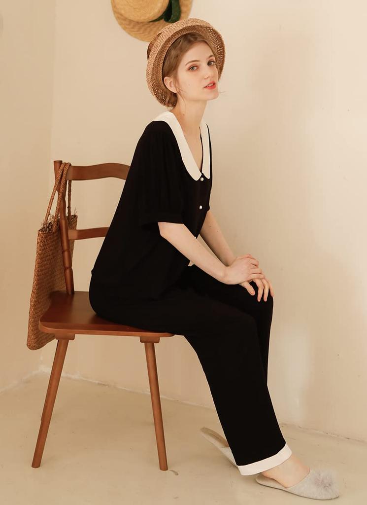 Euyqs Rayon Satin Pajama Short Sleeve Top and Pants Women's Set, (JP, Alphabet, M, Black)