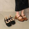 Elegant Chunky Heel Furry Pumps for Women Retro Square Head Plush Mary Jane Shoes Fashion Suede Middle Heeled Women Dress Shoes