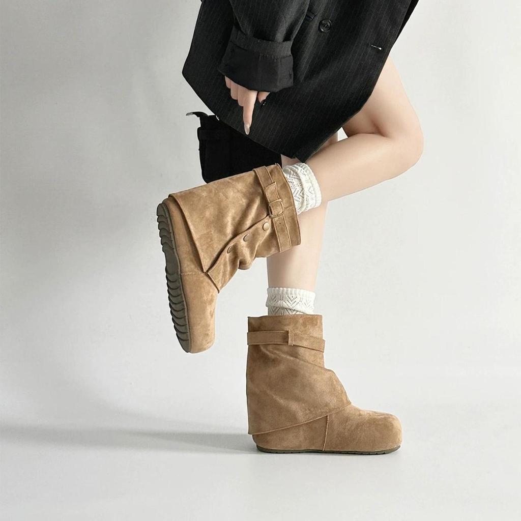 Pleated stack sleeve women's boots autumn belt buckle decoration simple inner height increase daily go out versatile short boots