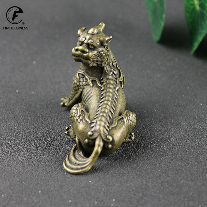 Antique Bronze Chinese Myth Beast Qi Lin Statue Miniature Figurines Desktop Ornaments Home Car Decorations Copper Crafts Gifts