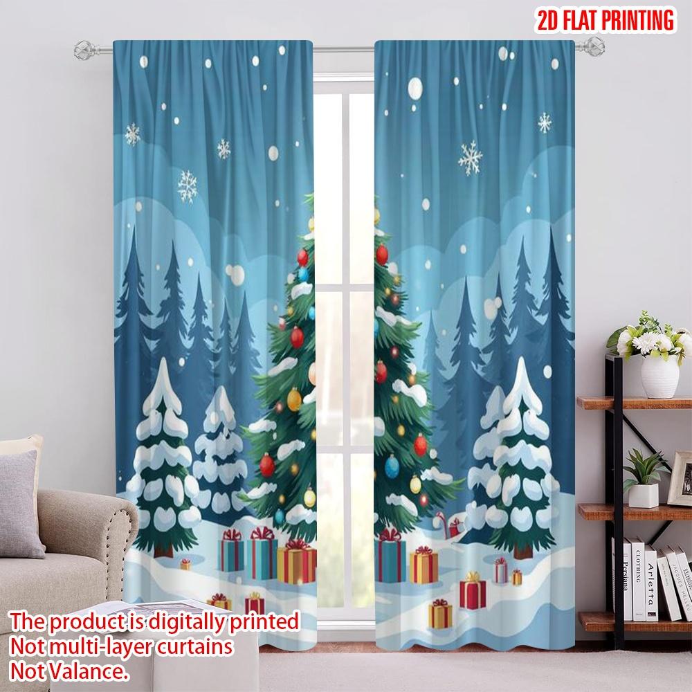 

Flat Printing Merry Christmas Drapes Snow Trees Polyester Fabric Without Electricity Perfect Holiday Curtain Set Of 2 Made Washable W100*H70(CM)-Hooks&2PCS
