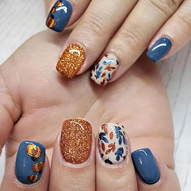 30Pcs Thanksgiving Press on Nails Short Round Shape French Tip Fake Nails with Pumpkin Pie Designs Full Cover Fall Acrylic Nails Thanksgiving Turkey