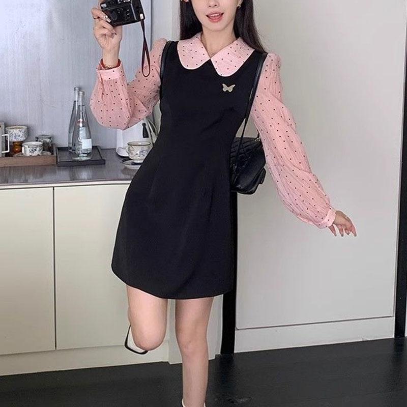 

Милое мини-платье в горошек Весна Осень Имитация двух частей Сшитое Преппи стиль Воротник-куколка Модное А-силуэт Талия M чёрный