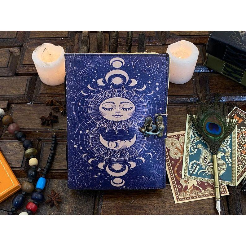 Leather Journal Sun and Moon Phase Notebook spell book of Shadows Grimoire journal Handmade Journal With Deckle Edge Paper Brass C lock